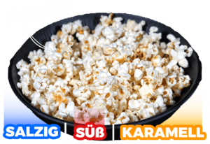 Popcorn in salzig, süß und Karamell in einer schwarzen Schale