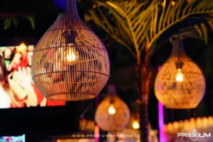 Stilvolles Ambiente in der Premium Hamburg Shisha Bar: Nach einem Besuch in der Astor Film Lounge HafenCity laden üppige Palmen und elegante Rattan-Hängelampen zum Entspannen in luxuriöser Atmosphäre ein.