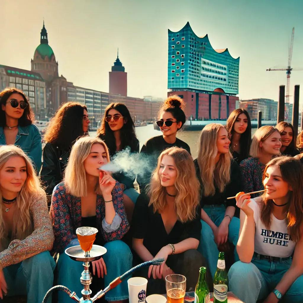 Eine Gruppe von Freundinnen genießt eine entspannte Zeit in einer Shisha Bar in Hamburg, mit der Elbphilharmonie und der Stadt im Hintergrund. Perfekt für die Shisha Bar Hamburg Mitte Beste.