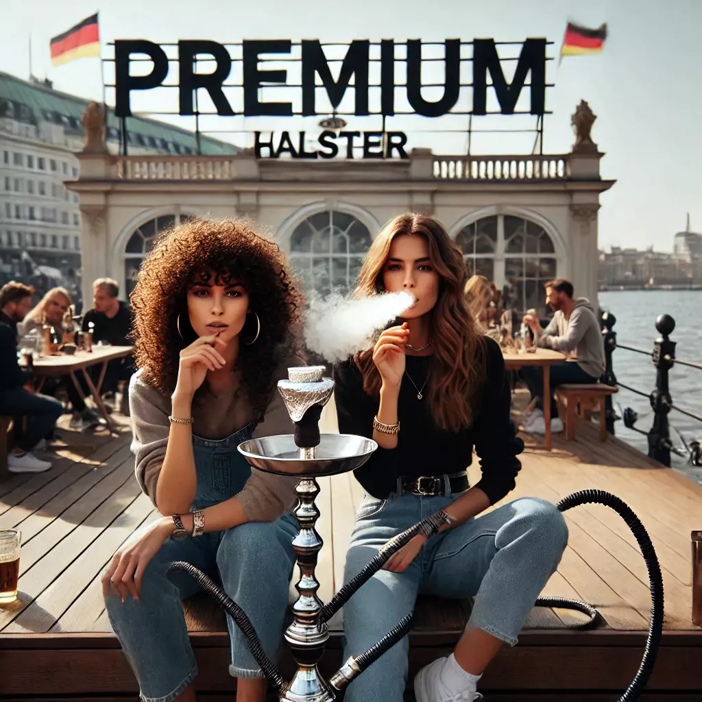 Zwei Frauen genießen eine Shisha in der Shisha Bar Alster auf einer Terrasse, mit Blick auf die Alster und dem Schild "Premium Alster" im Hintergrund.