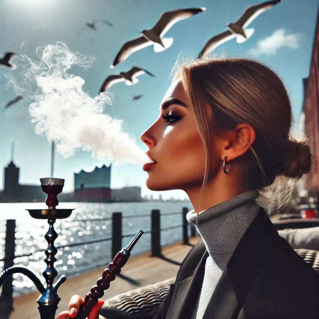 Eine Frau genießt eine Shisha mit Blick auf den Hafen, Möwen fliegen im Hintergrund, und die moderne Architektur der Elbphilharmonie ist zu sehen. Perfekt für die Flughafen Hamburg Shisha Bar.