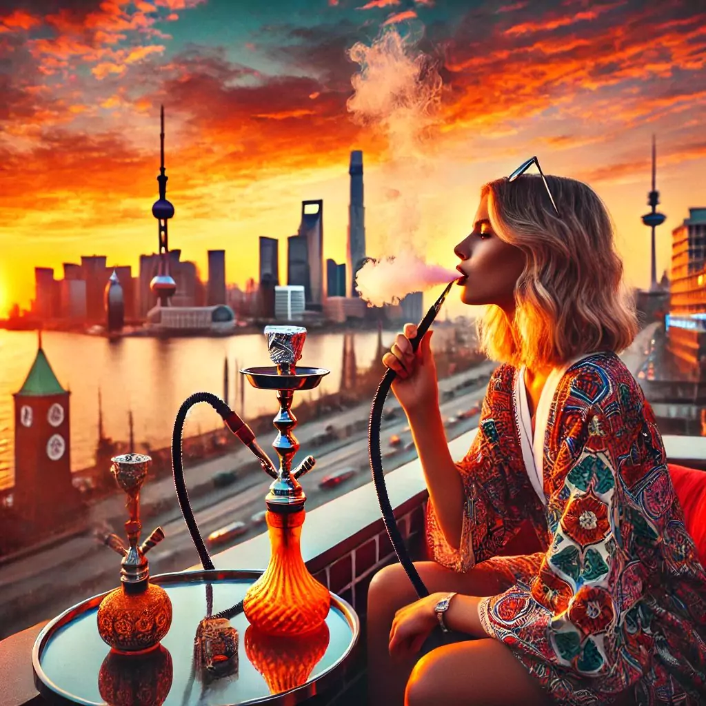 Eine Frau raucht Shisha auf einem Balkon mit Blick auf die Skyline einer Stadt bei Sonnenuntergang, in einer Shisha Bar in Barmbek, Hamburg.