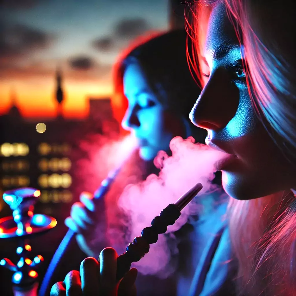 Zwei Frauen rauchen Shisha in einer farbenfroh beleuchteten Shisha Bar in Hamburg-Altona, während der Himmel im Hintergrund in leuchtenden Sonnenuntergangsfarben erstrahlt.