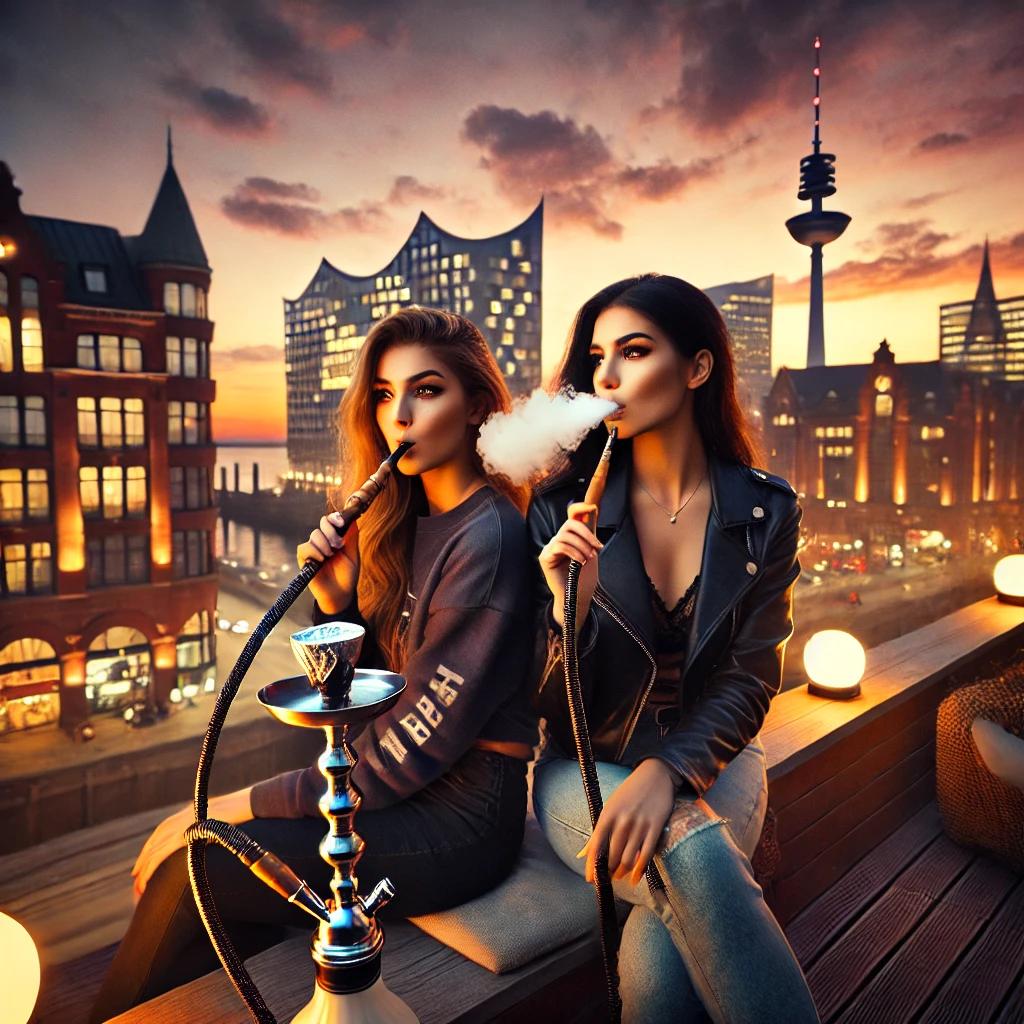 Zwei Frauen rauchen Shisha auf einer Terrasse mit Blick auf die Hamburger Skyline bei Sonnenuntergang.