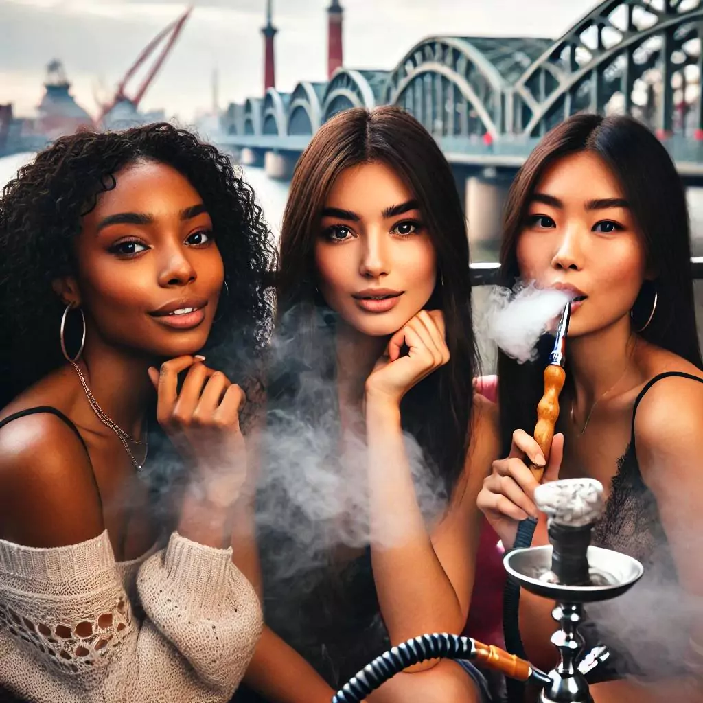 Drei stilvolle Frauen genießen eine Shisha in Hamburg an den Landungsbrücken, vor der Kulisse der markanten Brücke und Hafenstruktur.