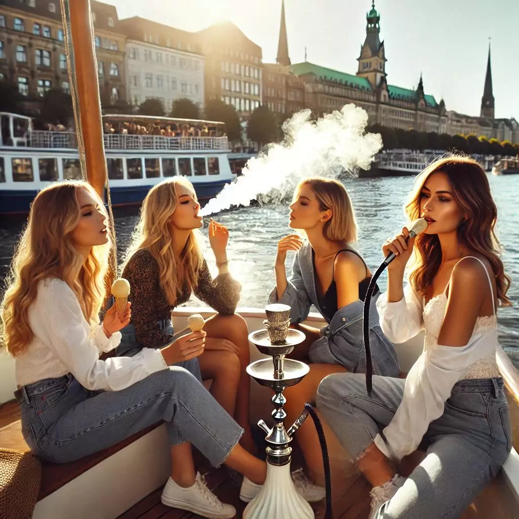 Vier Frauen genießen eine Shisha und Eis auf einem Boot in der Nähe der Shisha Bar Jungfernstieg Hamburg, während die Sonne über dem Wasser und den historischen Gebäuden untergeht.