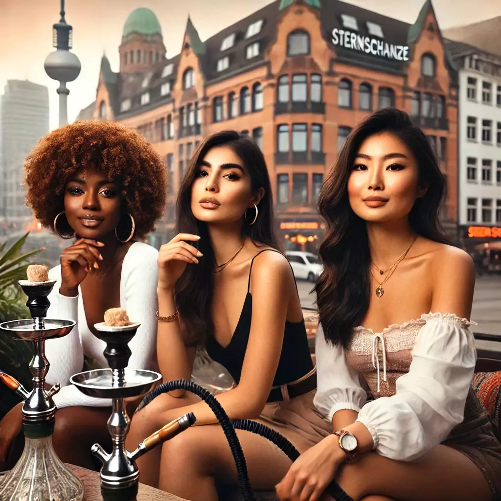 Drei stilvolle Frauen sitzen in einer Shisha Bar in Hamburgs Sternschanze und genießen Shishas, umgeben von einer urbanen Atmosphäre.