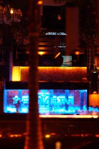 Stimmungsvoll beleuchteter Loungebereich mit blauem PREMIUM-Logo in der Shisha Bar Hamburg Hauptbahnhof.