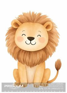 Premium Shisha Lounge Hamburg: Süße, lächelnde Aquarellzeichnung eines kleinen Löwen mit großer Mähne und rosigen Wangen, ideal für Kinderzimmerdekoration oder als Symbol für eine entspannte Atmosphäre in unserer Premium Shisha Bar Hamburg.